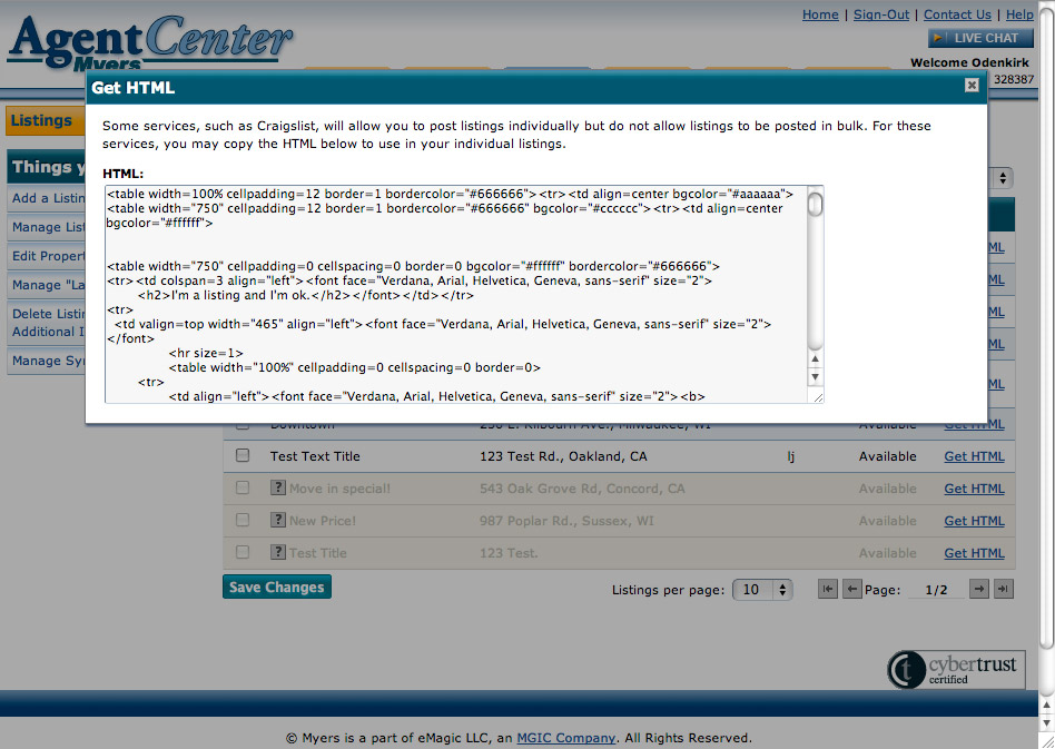 Myers Listings Syndication Get HTML dialog screen