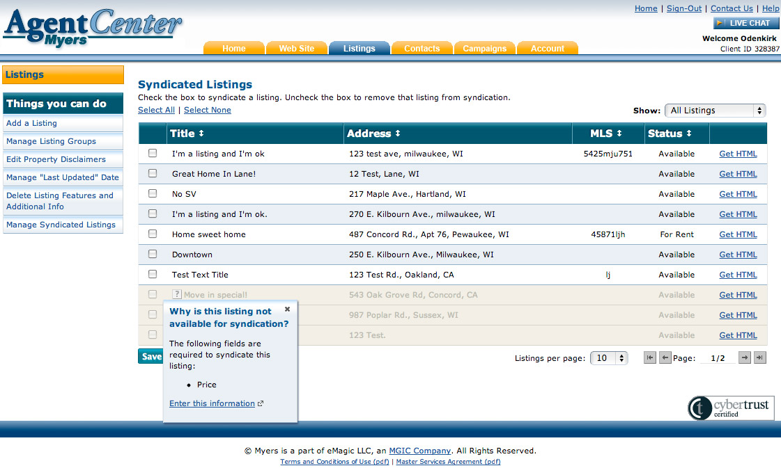 Myers Listings Syndication screen