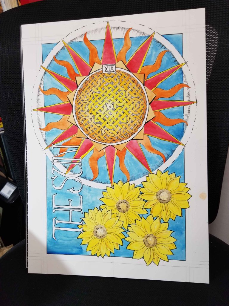 Ink and Watercolor painting of the Sun Tarot card
